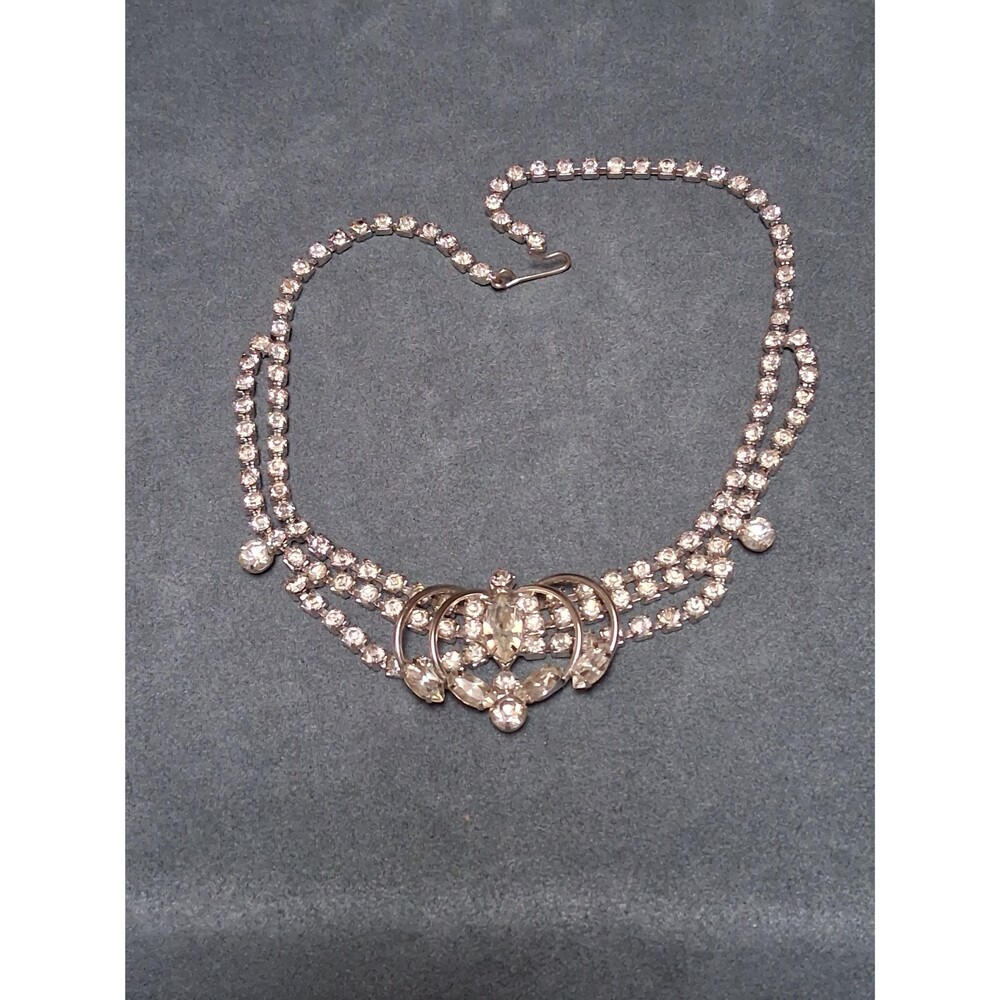 Vintage 1950s Rhinestone Necklace Clear Marquise Stone Festoon Bib Silver Tone
